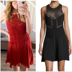 ALC Sz 2 Black 100% Silk Crochet Yoke Pintuck Mini Fit and Flare Dress